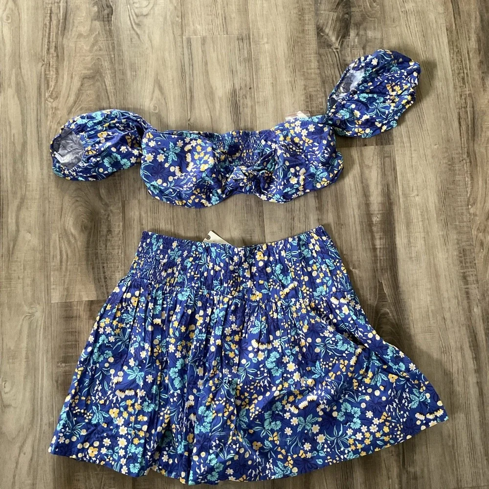 Maeve Anthropologie Blue Floral Puff Sleeve Top and Skirt Set Size L NWT $160
